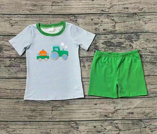 preorder  BSSO1549 Embroidered Thanksgiving Pumpkin Blue Stripe Short-Sleeved Green Shorts Boys Set 202508