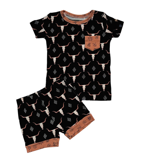 MOQ 8 Preorder BSSO1552 Cowboy Pocket Black Brown Short Sleeves Shorts Boys Set 202510