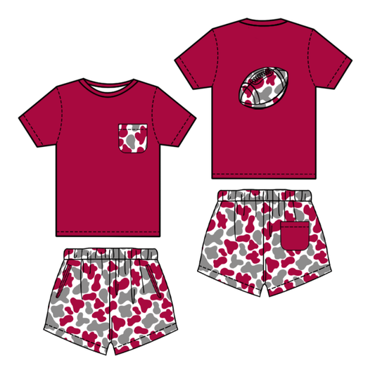 MOQ 8 Preorder BSSO1553 Cowboy Leopard Rugby Pocket Dark Red Short Sleeves Shorts Boys Set 202510