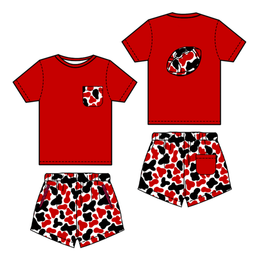 MOQ 8 Preorder BSSO1554 Cowboy Leopard Rugby Pocket Red Short Sleeves Shorts Boys Set 202510