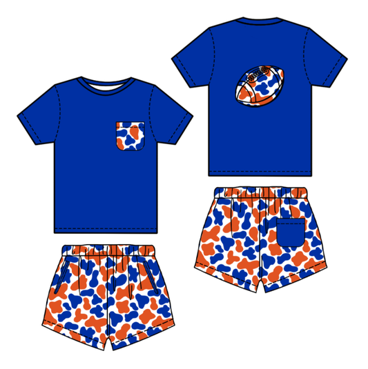 MOQ 8 Preorder BSSO1555 Cowboy Leopard Rugby Pocket Blue Short Sleeves Shorts Boys Set 202510
