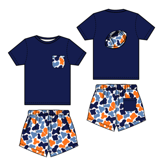 MOQ 8 Preorder BSSO1556 Cowboy Leopard Rugby Pocket Navy Short Sleeves Shorts Boys Set 202510