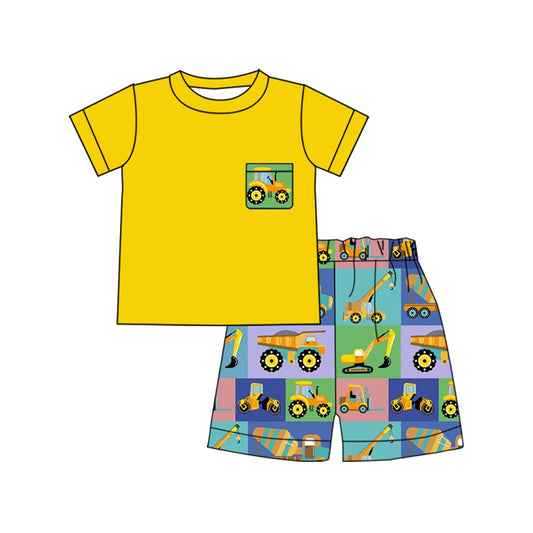MOQ 8 Preorder BSSO1557 Trucks Pocket Yellow Short Sleeves Plaid Shorts Boys Set 202510
