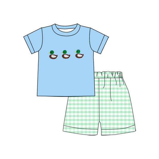 MOQ 8 Preorder BSSO1558 Three Ducks Blue Short Sleeves Green Plaid Shorts Boys Set 202510