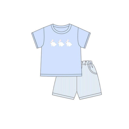 MOQ 8 Preorder BSSO1560 Three Rabbits Easter Blue Short Sleeves Stripe Shorts Boys Set 202510