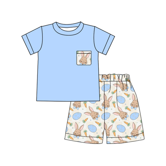 MOQ 8 Preorder BSSO1561 Easter Bunny Pocket Blue Short Sleeves Shorts Boys Set 202510