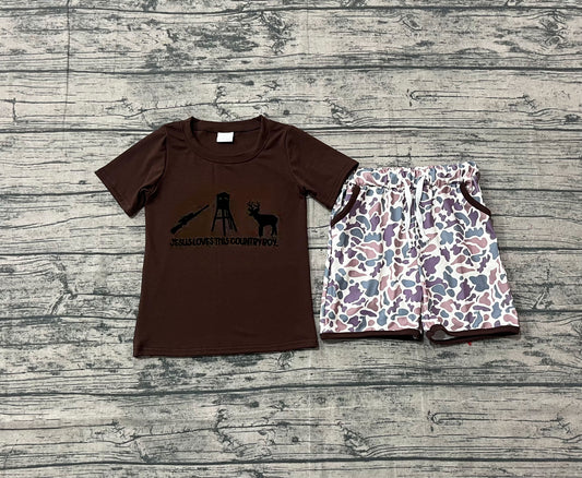 MOQ 8 Preorder BSSO1562 Embroidered Deer Hunting Short Sleeves Camouflage Shorts Boys Set 202510