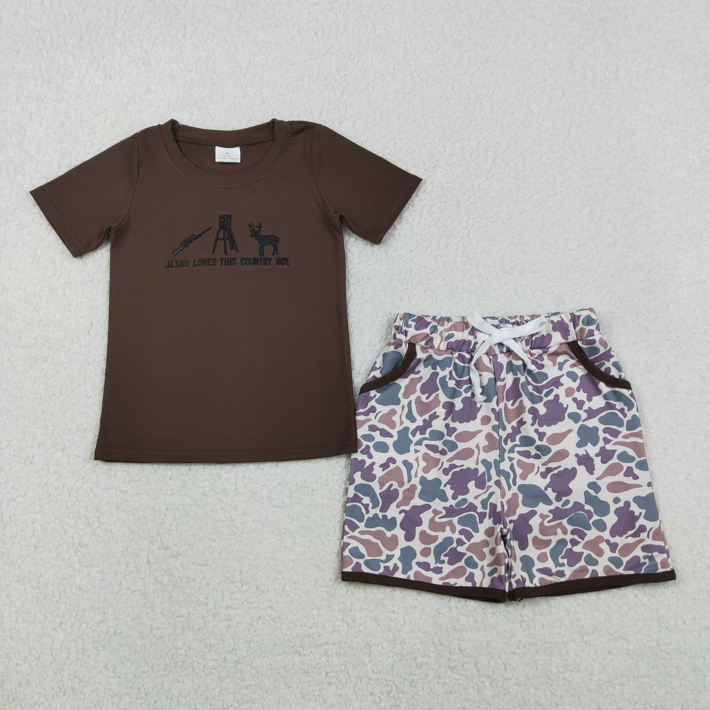 BSSO1562 Embroidered Deer Hunting Short Sleeves Camouflage Shorts Boys Set 202511 RTS