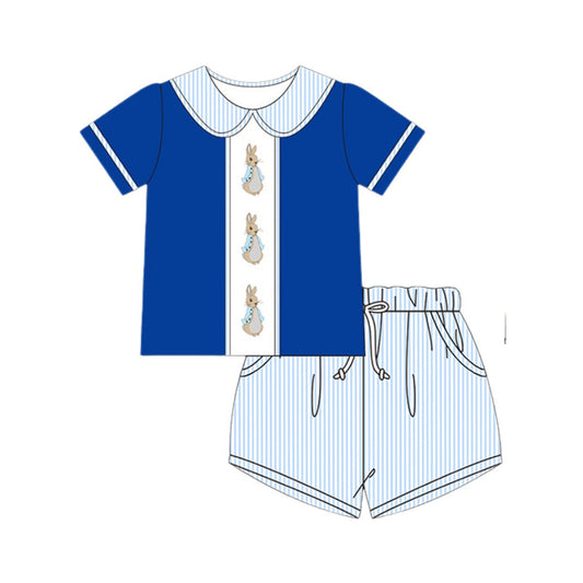 MOQ 8 Preorder BSSO1563 Easter Bunny Blue Stripe Doll Collar Short Sleeves Shorts Boys Set 202510