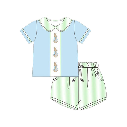 MOQ 8 Preorder BSSO1564 Easter Bunny Green Stripe Doll Collar Short Sleeves Shorts Boys Set 202510