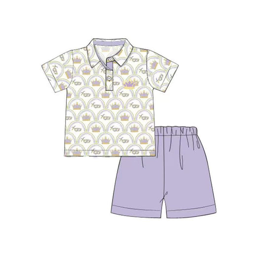 MOQ 8 Preorder BSSO1565 Mardi Gras Mask Polo Short Sleeves Purple Shorts Boys Set 202510