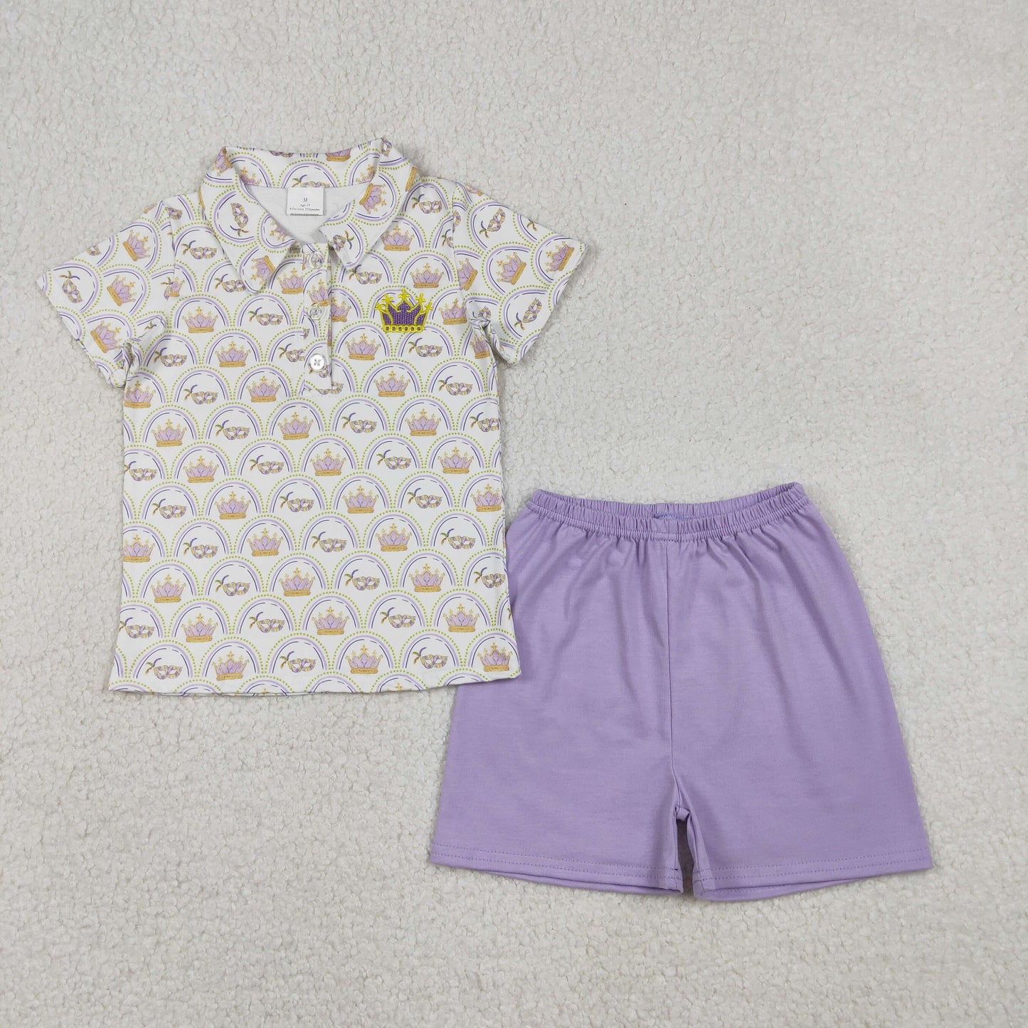 BSSO1565 Embroidered Mardi Gras Mask Polo Short Sleeves Purple Shorts Boys Set 202512 RTS