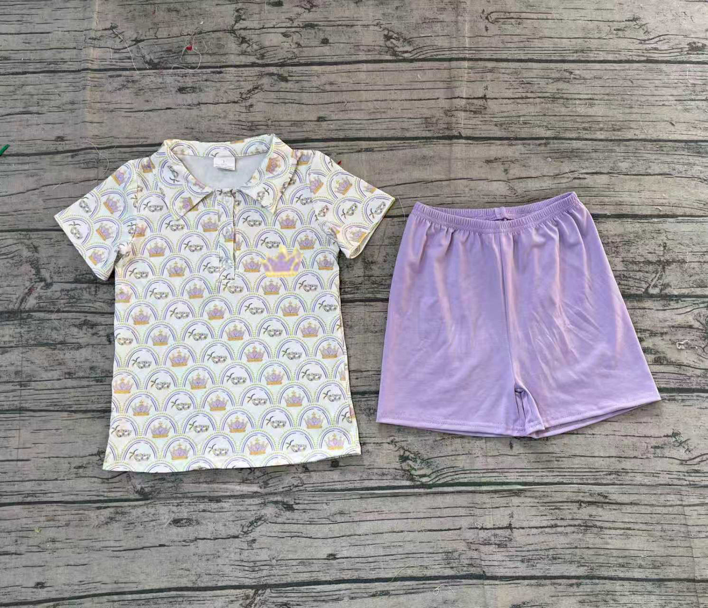 NO MOQ Preorder BSSO1565 Embroidered Mardi Gras Mask Polo Short Sleeves Purple Shorts Boys Set 202511