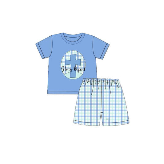 MOQ 8 Preorder BSSO1566 Easter Cross Short Sleeves Blue Green Plaid Shorts Boys Set 202510