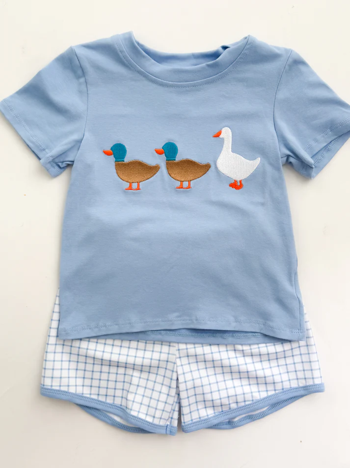 MOQ 8 Preorder BSSO1567 Ducks Goose Blue Short Sleeves Plaid Shorts Boys Set 202510