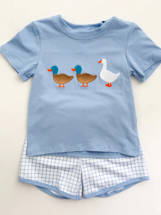 MOQ 8 Preorder BSSO1567 Ducks Goose Blue Short Sleeves Plaid Shorts Boys Set 202510