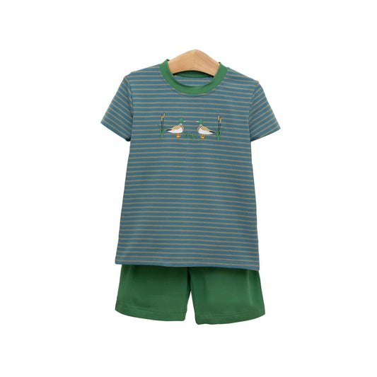 MOQ 8 Preorder BSSO1568 Ducks Dark Green Stripe Short Sleeve Shorts Boys Set 202510