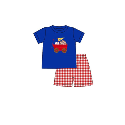 MOQ 5 preorder BSSO1569 Baseball Truck Pattern Blue Short Sleeve Top Red Plaid Shorts Boys Set 202510