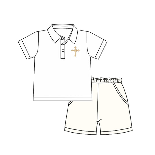 MOQ 5 preorder BSSO1570 Easter Cross White Polo Short Sleeve Top Shorts Boys Set 202510