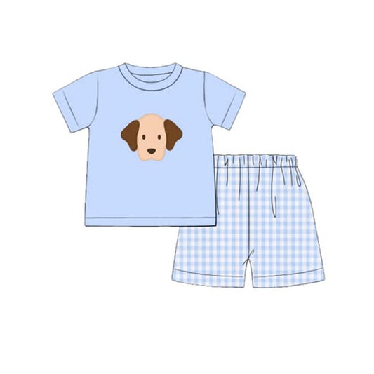MOQ 5 preorder BSSO1572 Cute Puppy Blue Short Sleeve Plaid Shorts Boys Set 202510