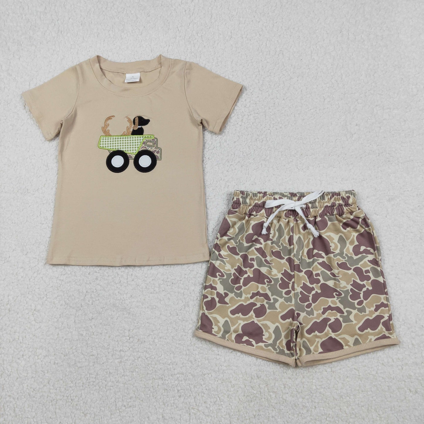 BSSO1576 Embroidered Antlered Puppy Truck Camouflage Short Sleeve Shorts Boys Set 202512 RTS