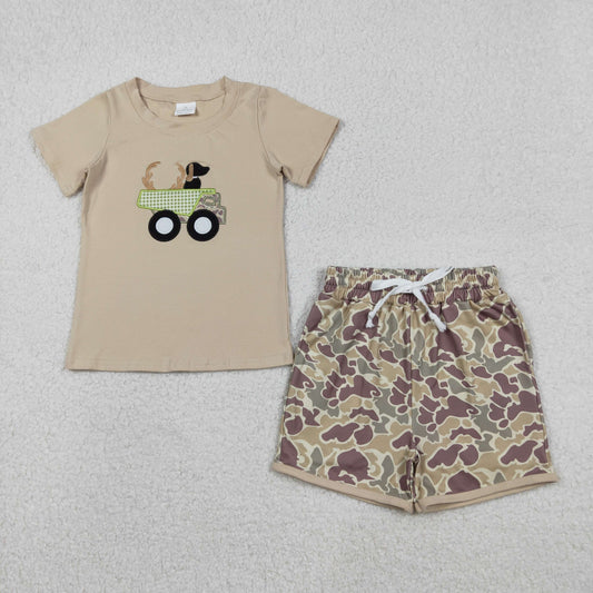 BSSO1576 Embroidered Antlered Puppy Truck Camouflage Short Sleeve Shorts Boys Set 202512 RTS