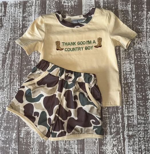 MOQ 5 preorder BSSO1577 thank god i'm a country boy Boots Camouflage Short Sleeve Shorts Boys Set 202510