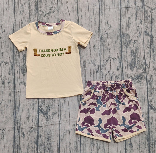 NO MOQ preorder BSSO1577 Embroidered thank god i'm a country boy Boots Camouflage Short Sleeve Shorts Boys Set 202511