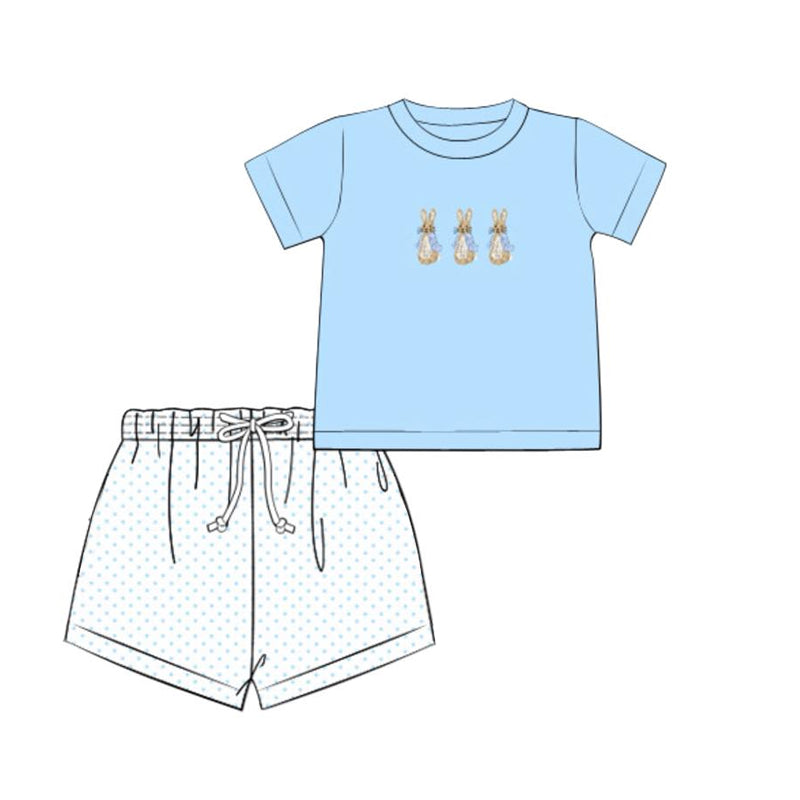 MOQ 5 preorder BSSO1579 Easter Bunny Blue Short Sleeve Dots Shorts Boys Set 202510