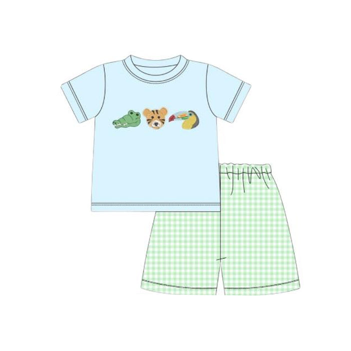 MOQ 5 preorder BSSO1581 Crocodile Tiger Animal Blue Short Sleeve Green Plaid Shorts Boys Set 202510