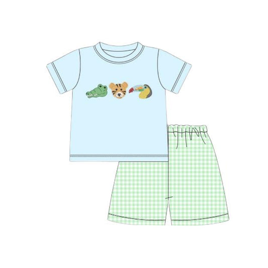 MOQ 5 preorder BSSO1581 Crocodile Tiger Animal Blue Short Sleeve Green Plaid Shorts Boys Set 202510