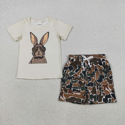 BSSO1582 Embroidered Easter Bunny Short Sleeve Camouflage Shorts Boys Set 202511 RTS