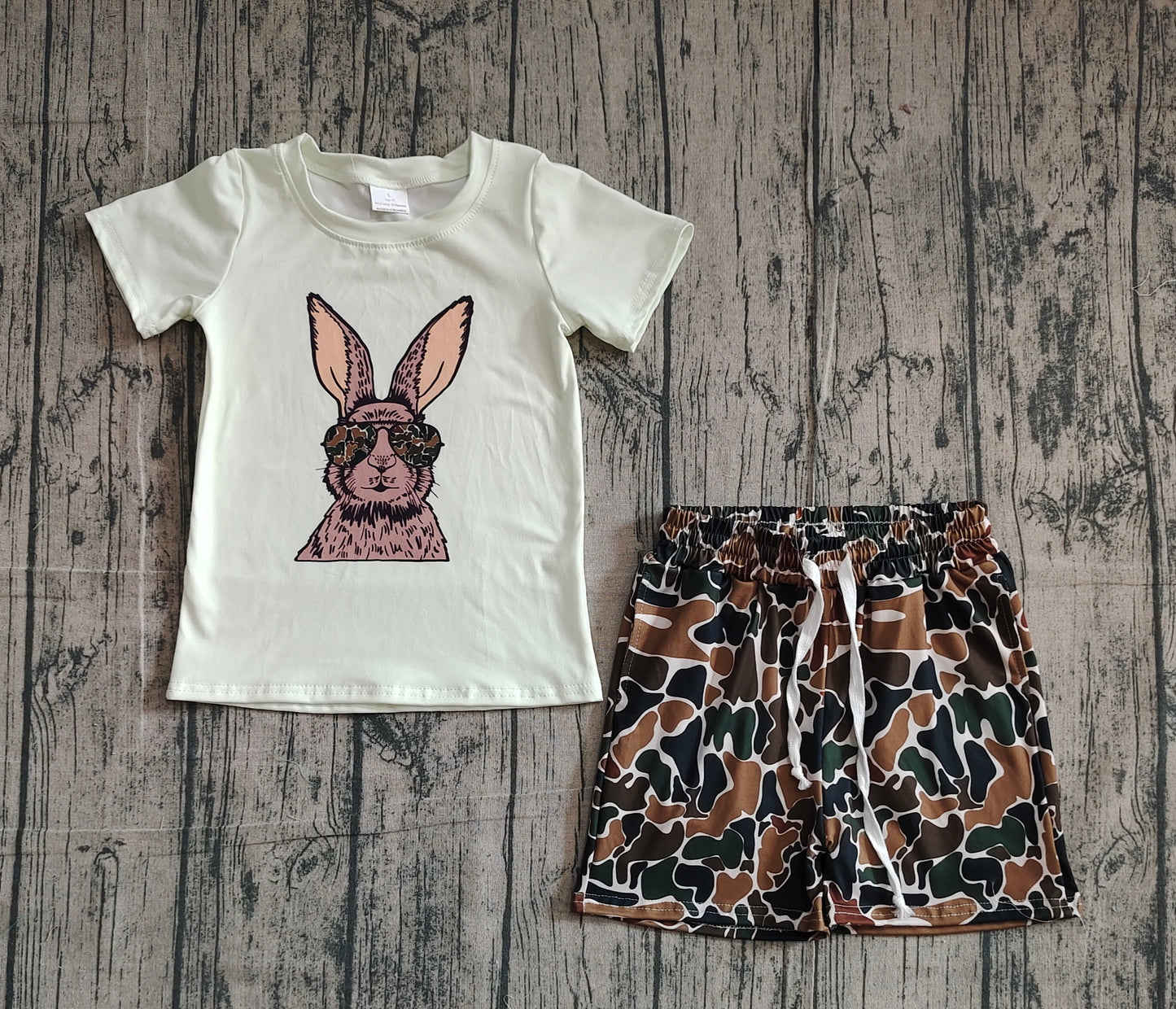 NO MOQ preorder BSSO1582 Embroidered Easter Bunny Short Sleeve Camouflage Shorts Boys Set 202510