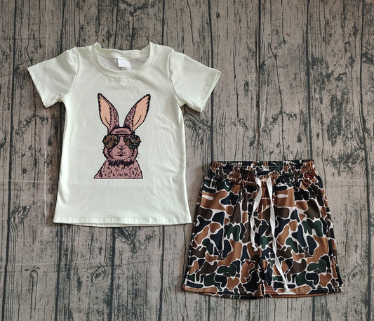 NO MOQ preorder BSSO1582 Embroidered Easter Bunny Short Sleeve Camouflage Shorts Boys Set 202510