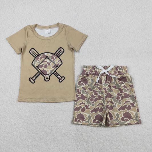 BSSO1586 Light Gray Green Camouflage Fan Baseball Short Sleeve Shorts Boys Set 202511 RTS
