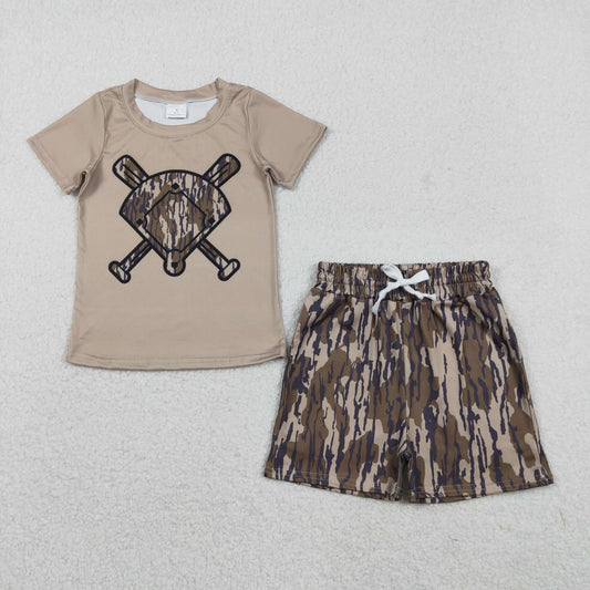 BSSO1587 Army Green Camouflage Fan Baseball Short Sleeve Shorts Boys Set 202511 RTS