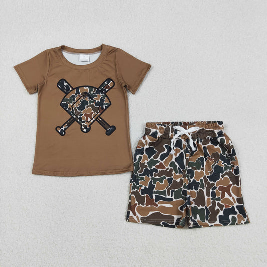 BSSO1588 Brown Camouflage Fan Baseball Short Sleeve Shorts Boys Set 202511 RTS