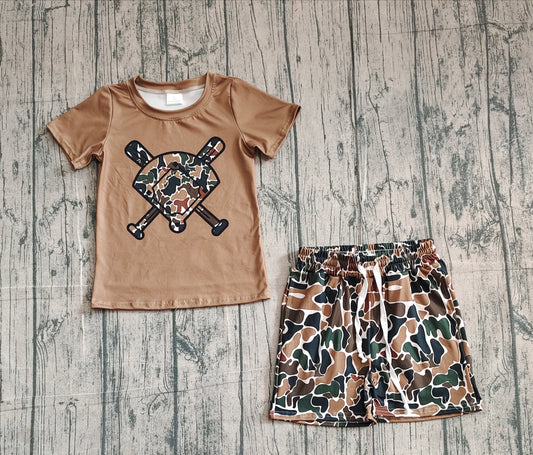 NO MOQ preorder BSSO1588 Brown Camouflage Fan Baseball Short Sleeve Shorts Boys Set 202510