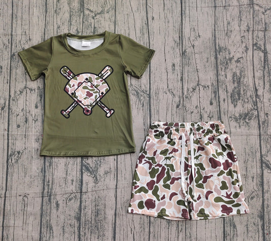 NO MOQ preorder BSSO1592 Brown Green Puppy Duck Hunting Camouflage Fan Baseball Short Sleeve Shorts Boys Set 202510