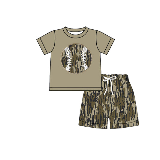 MOQ 5 preorder BSSO1596 Army Green Camouflage Baseball Short Sleeve Shorts Boys Set 202510