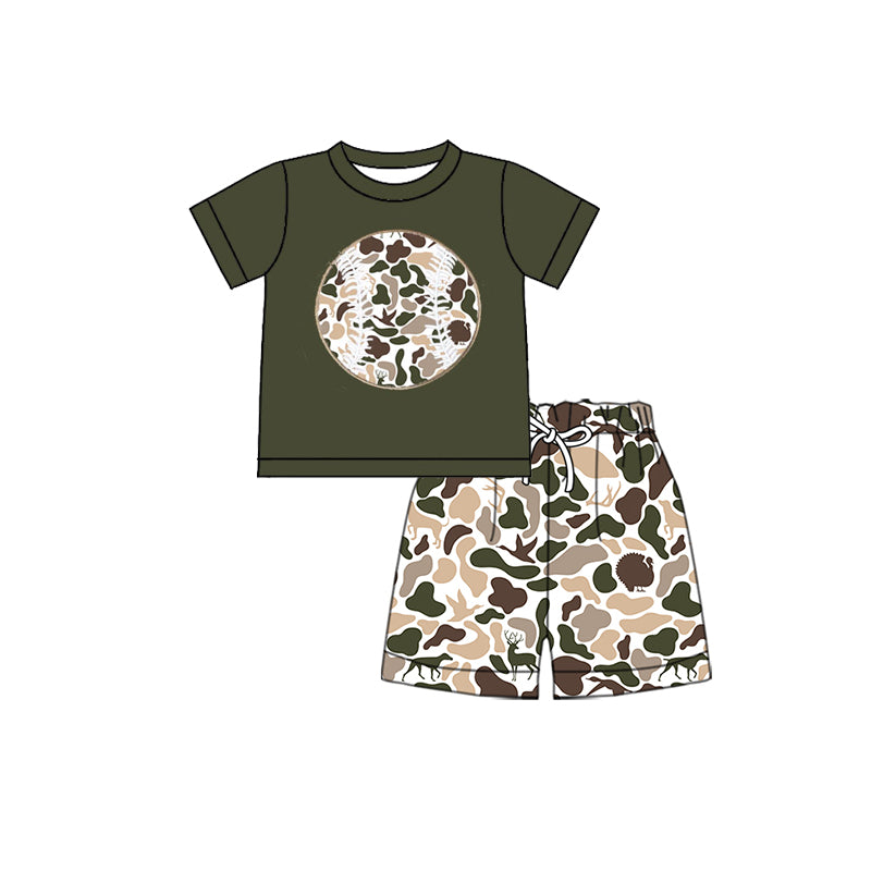 MOQ 5 preorder BSSO1601 Brown Green Puppy Duck Hunting Camouflage Baseball Short Sleeve Shorts Boys Set 202510