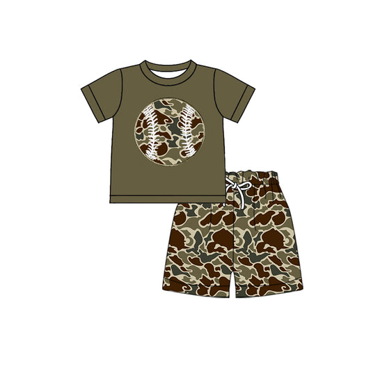 MOQ 5 preorder BSSO1602 Dark Army Green Puppy Duck Hunting Camouflage Baseball Short Sleeve Shorts Boys Set 202510