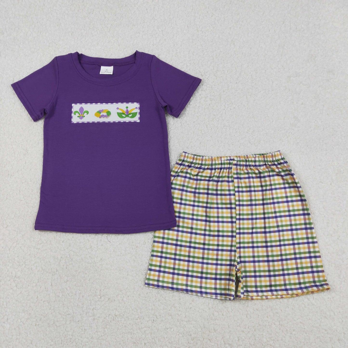 BSSO1603 Embroidered Mardi Gras Purple Short Sleeve Plaid Shorts Boys Set 202512 RTS
