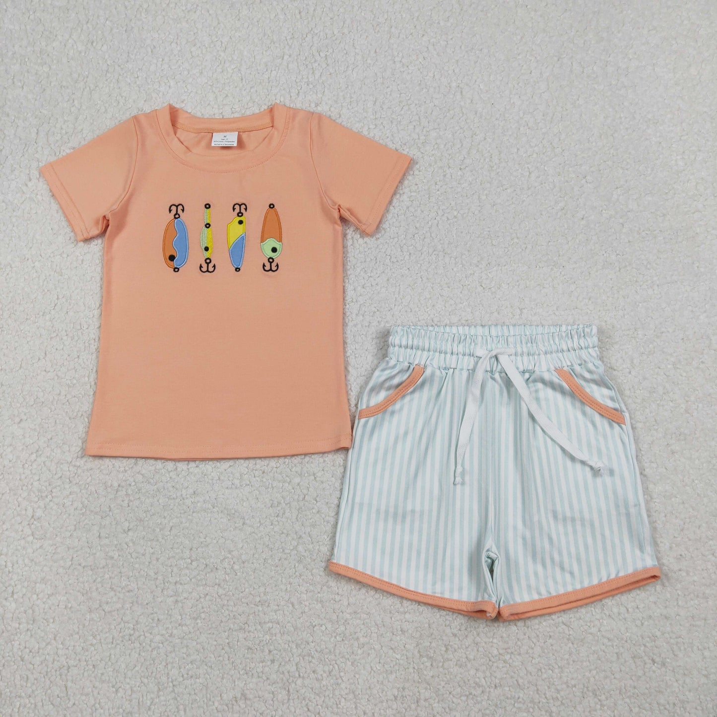 BSSO1606 Embroidered Fishing Hook Orange Short Sleeve Stripe Shorts Boys Set 202512 RTS
