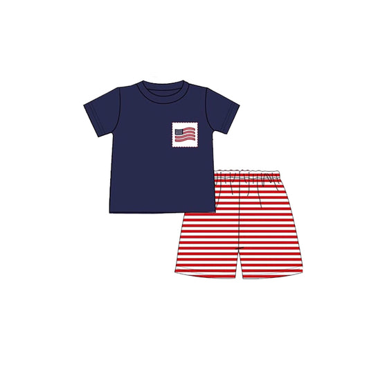 MOQ 5 preorder BSSO1609 4th of July Flag Navy Short Sleeve Red Stripe Shorts Boys Set 202510