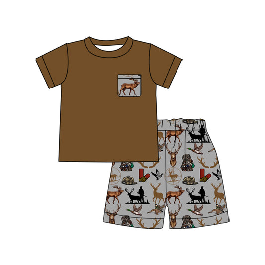 MOQ 5 preorder BSSO1610 Puppy Deer Hunting Pocket Brown Short Sleeve Shorts Boys Set 202510