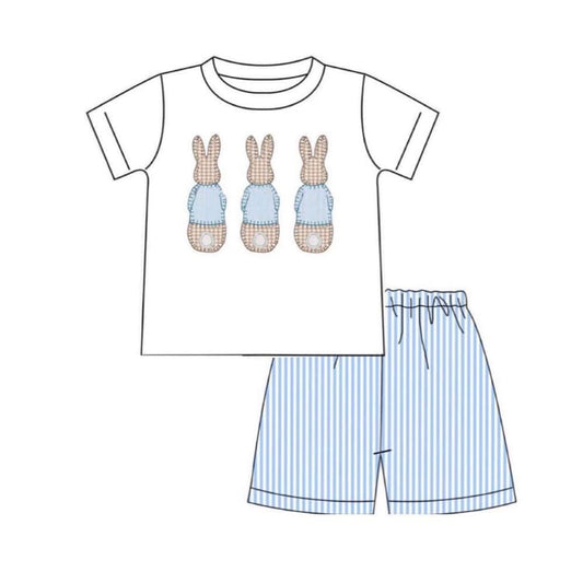 MOQ 5 preorder BSSO1611 Easter Bunny White Short Sleeve Stripe Shorts Boys Set 202510