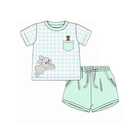 MOQ 5 preorder BSSO1614 Easter Bunny Pocket Plaid Light Green Short Sleeve Shorts Boys Set 202510