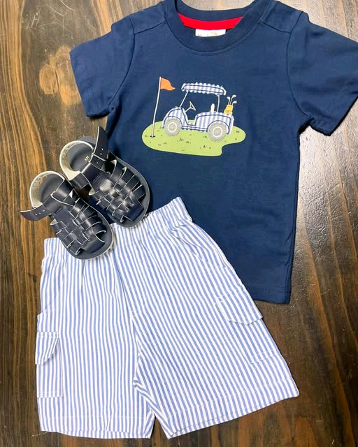 MOQ 5 preorder BSSO1615 Golf Dark Blue Short Sleeve Stripe Shorts Boys Set 202510