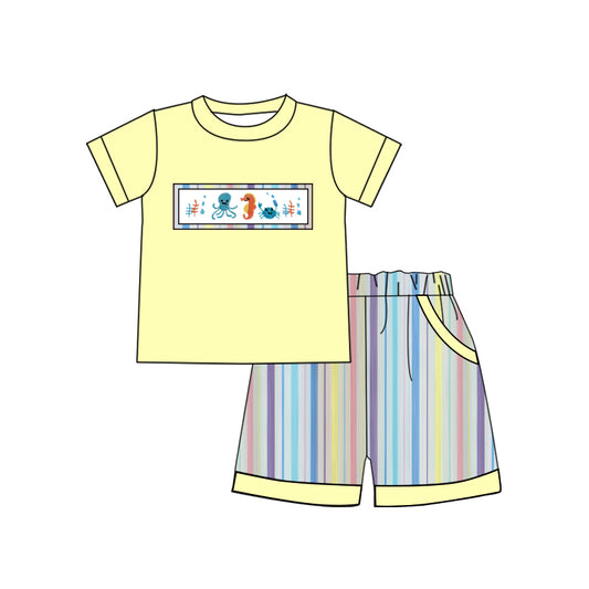 MOQ 5 preorder BSSO1616 Octopus Seahorse Crab Yellow Short Sleeve Stripe Shorts Boys Set 202510